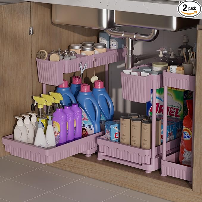 3 Pack Multi-Purpose Under Sink Organizers and Storage, 2026 L-Shaped Pull Out Cabinet Organizer for Bathroom & Kitchen, Under Cabinet Organizer with Hooks Hanging Cup (Pink, 14.85 inch)