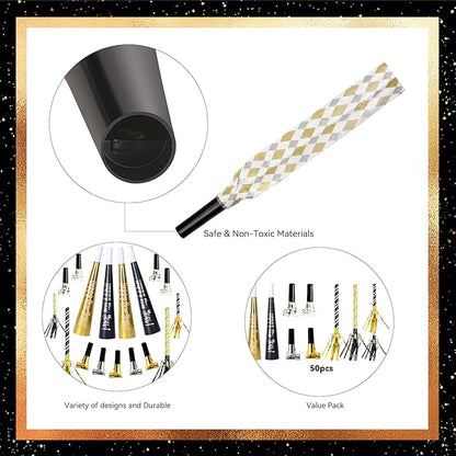 50pcs New Years Eve Decorations Black, Gold & Silver Party Blowers, New Years Eve Party Supplies 2026 Noisemakers for Kids & Adults Nye Decorations