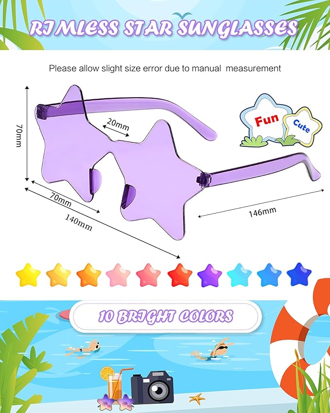 20 Pairs Rimless Star Sunglasses Bulk Transparent Candy Color Star Glasses for Women Men Party Favors