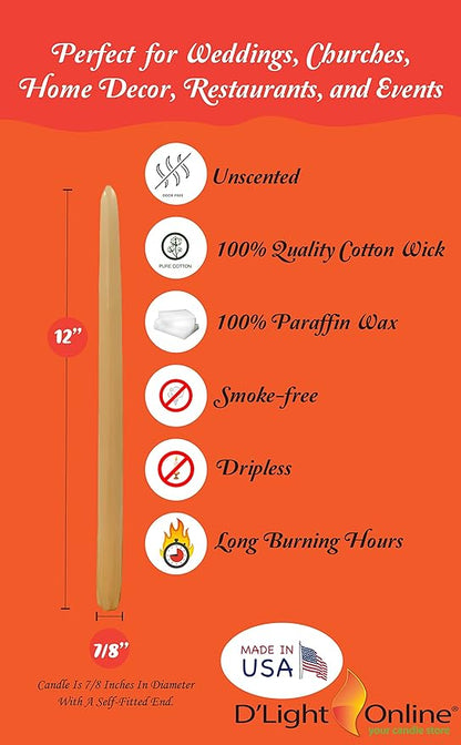 D'light Online Elegant 12" Unscented Colonial Ivory Taper Candles, Premium Quality Hand-Dipped Tapered Candles, Dripless and Smokeless - Set of 12 Individually Wrapped (12 Inch, Colonial Ivory)