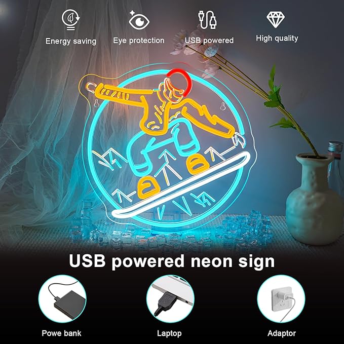 Lucunstar Snowboard Neon Sign LED Light Ski Decor Skiing Neon Light Up College Room Party Apres Ski Decor for Lodge LED Outdoor Sport Gifts for Teens Snowboard Lover