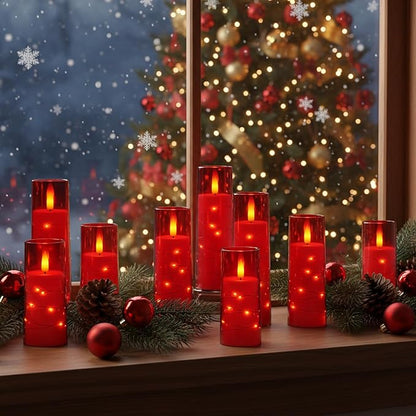 Raycare Flameless Candle with Remote Timer – 9 Flickering Acrylic Battery Operated LED Pillar Candles with Embedded Star String for Christmas, Home Decor, and as a Gift (Red)