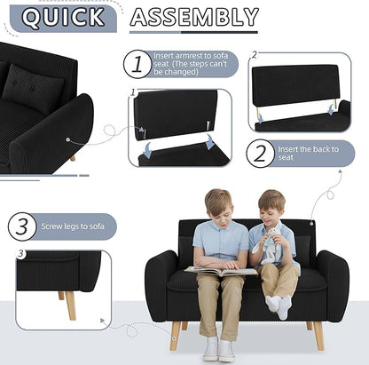 Shintenchi Small Modern Loveseat Couch Sofa, Mid Century Fabric Upholstered 2-Seat Sofa Couch Love Seats Furniture for Small Space,Living Room,Studio,Apartment with 2 Pillows,Black