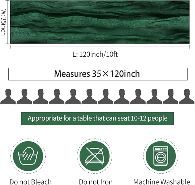 10 Pack Emerald Green Cheesecloth Christmas Table Runner 35 x 120 inch Long Boho Cheese Cloth Gauze Table Runners for Wedding Bridal Shower Birthday Party Christmas Decorations