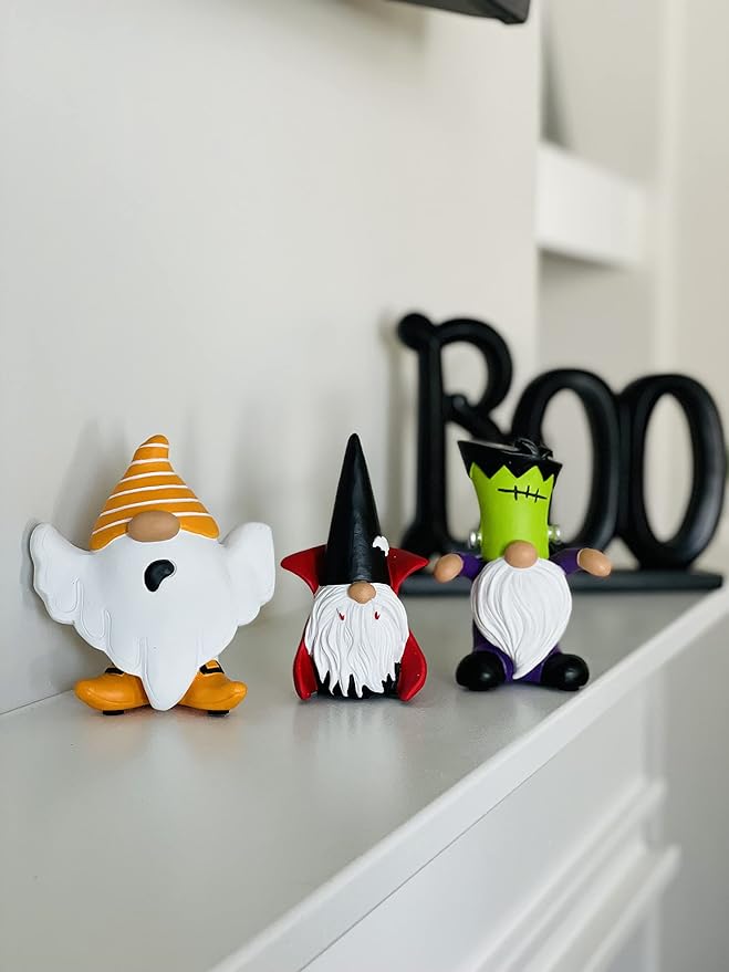 Madanar Resin Halloween Gnomes 3 Piece Set Tiered Tray Swedish Dwarf Shelf Kitchen Mantel Table Fall Home Decorations - Frankenstein, Ghost, Dracula (Halloween)