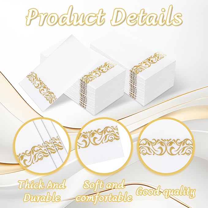 50PCS Gold Napkins Disposable - White and Gold Paper Napkins - Cloth-Like Feel Dinner Paper - Elegant Heavy Duty Hand Towels for Bathroom Thanksgiving Party Bridal Decorative Reception