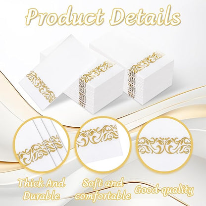 50PCS Gold Napkins Disposable - White and Gold Paper Napkins - Cloth-Like Feel Dinner Paper - Elegant Heavy Duty Hand Towels for Bathroom Thanksgiving Party Bridal Decorative Reception