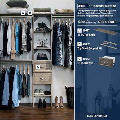 ClosetMaid SuiteSymphony Wood Closet Organizer Starter Kit with Tower and 3 Hang Rods, Shelves, Adjustable, Fits Spaces 4 – 9 ft. Wide, Graphite Grey