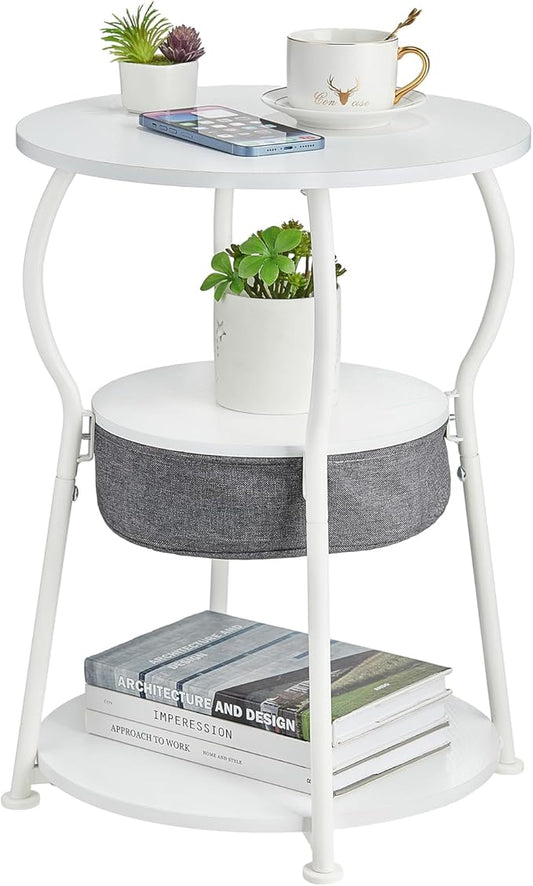 Small Round Side Table with Storage Bag, 3-Tier Accent Round End Table with Storage Shelves for Living Room, 21.6" H Vintage Small Corner Table for Smalls Spaces (D - 15.8 in White)