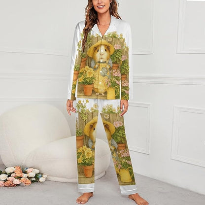 Lemons Leaves Ceramic Style Womens Pajama Set Long Sleeve Pajamas Top And Pants Soft Loungewear Pjs Sets