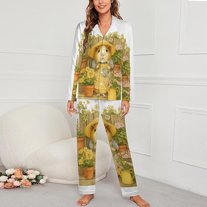 Lemons Leaves Ceramic Style Womens Pajama Set Long Sleeve Pajamas Top And Pants Soft Loungewear Pjs Sets