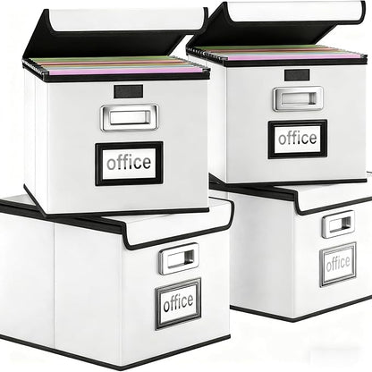 Huolewa Portable Leather File Organizer Boxes with Lids, Office Document Boxes Organizer, Filing Boxes, Decorative Small File Boxes for Hanging Files, File Cabinet for Office/Home - 4 Pack