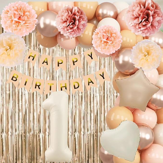 Beige 1st Birthday Decorations Cream Number 1 Balloon Nude Gold Happy Birthday Banner Fringe Curtain Paper Pom Poms Blush White Sand Champagne Star Foil Balloons Neutral Boho Party Decor