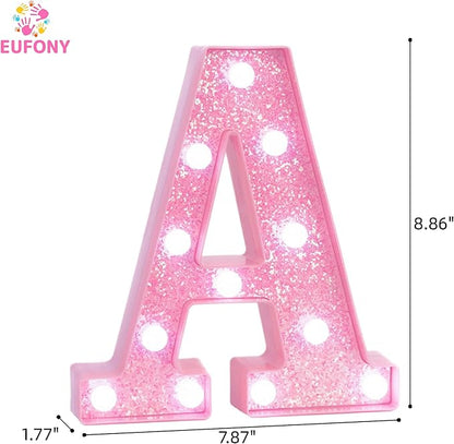 Pink LED Marquee Light Up Letters, Glitter Alphabet Letter Lights for Birthday Party Decorations, Battery Operated Letter Signs for Girls Room Table Decor, Pink letter A with Cool White Lights