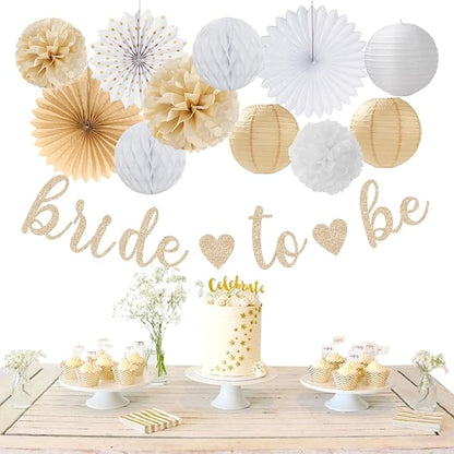 White Champagne Gold Boho Bachelorette Party-Decorations - 21pcs Women Bridal Shower Banner Garland,Bride To Be Paper Streamers Lanterns,Flower Tissue Pom Poms Fan Favors Wedding Decor Huglony