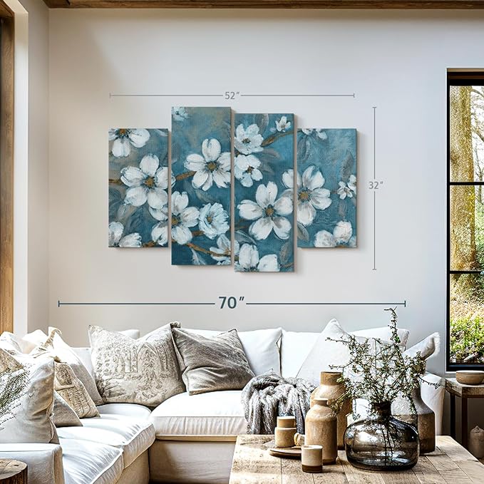 ElephantStock Blossoms Of Evening Wall Art - Horizontal Canvas - 4-Piece Living Room Wall Decor - Blossom Painting Canvas Print - Blue and Gray Decor for Wall by Carol Robinson - 52" X 32"