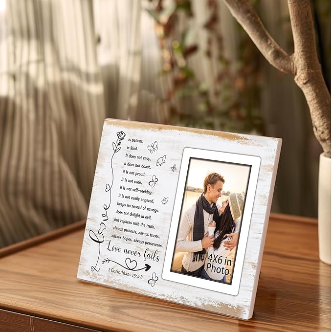 Couple Picture Frames Romantic Gifts for Her Couple Gifts for Wedding Anniversary Engagement Bridal Shower Marriage Bible Verse Love Photo Frame,Newlywed Religious Wedding Gift Wall Tabletop Decor