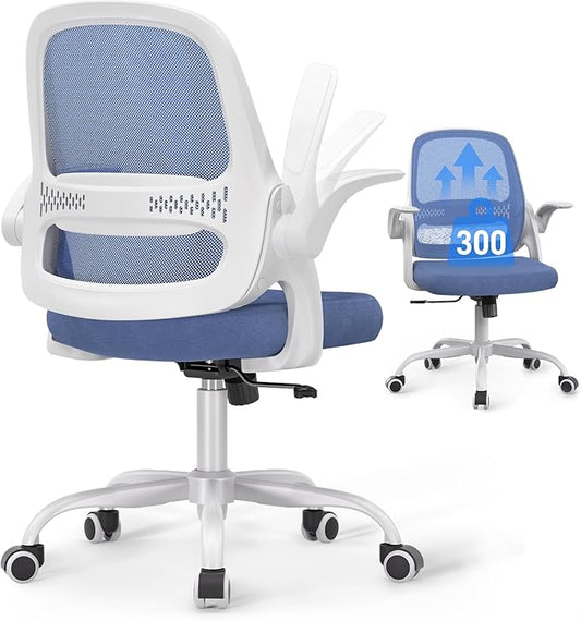 Ergonomic Mesh Office Chair for Home Office, Flip-Up Arms, Breathable Mesh Back & Thick Seat Cushion, Swivel Rolling Computer Desk Chair – BIFMA Certified, Supports 300 lbs (White Frame/Blue Seat)