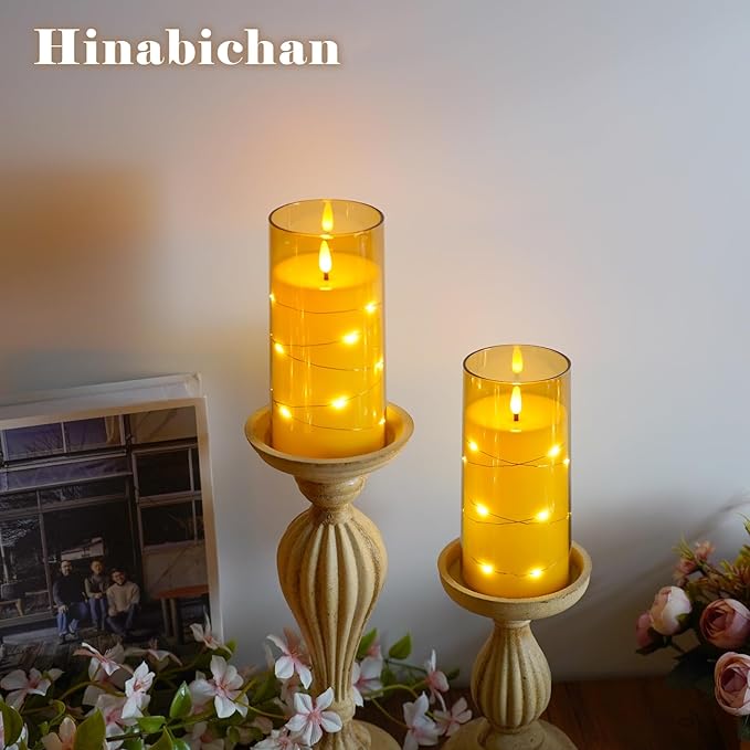 Amber Flickering Flameless Candles with Remote Timer, 6 pcs LED Battery Operated Candles with String Lights, Same Size D3 H6