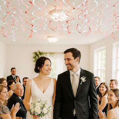 Pink Hanging Swirl Decorations for Party – 42PCS Rose Gold Foil Ceiling Streamers with Hooks for Birthday, Bridal Shower, Bachelorette, Holiday Celebrations