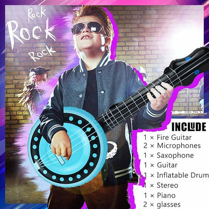 10 Pieces Inflatable Instruments Party Props Set Photo Booth Props Inflatable Guitar Saxophone Bass Lute Microphone Recorder Piano Theme Party Rock Toys Decorated Vintage Period Party