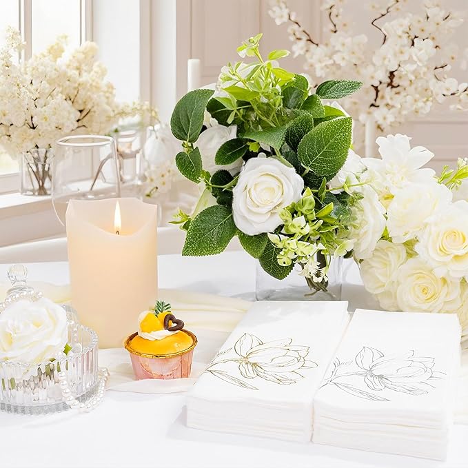 50 Pack Silver Magnolia Napkins - Silver Floral Disposable Napkins - Cloth-Like Feel Dinner Paper - Vintage Heavy Duty Hand Towels for Bathroom Wedding Holiday Party Bridal Decorative Towels
