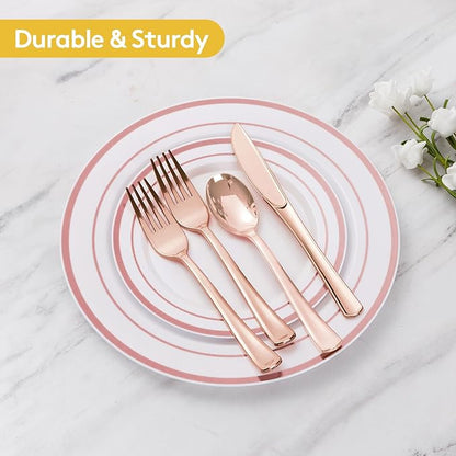 Goodluck 600 Pieces Rose Gold Disposable Plates for 100 Guests, Plastic Plates for Party, Wedding, Dinnerware Set of 100 Dinner Plate, 100 Salad Plates, 100 Spoons, 100 Forks, 100 Knives, 100 Cups