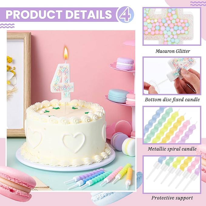 MTLEE Number 4 Birthday Candle with 12 Pcs Spiral Candles for Girls Macaron Pastel Rainbow Unicorn Pink Cake Topper for Sweet Theme Party Decoration