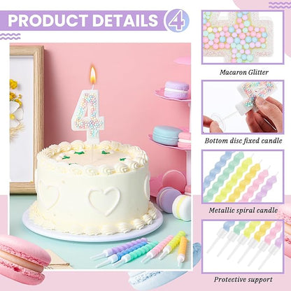 MTLEE Number 4 Birthday Candle with 12 Pcs Spiral Candles for Girls Macaron Pastel Rainbow Unicorn Pink Cake Topper for Sweet Theme Party Decoration