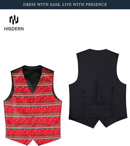 HISDERN Men's Suit Vest Christmas Holiday Season Party Jacquard Waistcoats Necktie Pocket Square Vest Suit Set