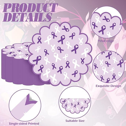 100 Pcs Domestic Violence Awareness Products 13.5" Scalloped Purple Ribbon Paper Placemats Disposable Alzheimer’s Pancreatic Cancer Awareness Products for Charity Public Social Event Party Supplies