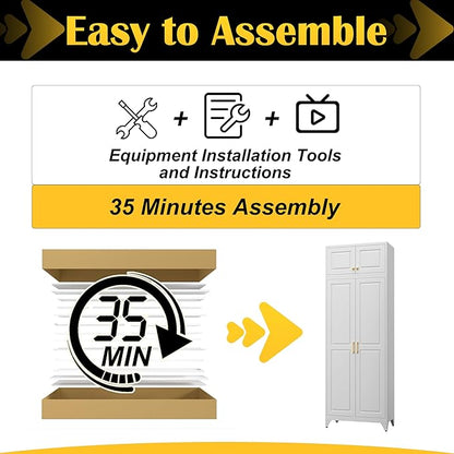 Steeloong90“ Kitchen Pantry Cabinet,Metal Storage Cabinets with Doors and 4 Adjustable Shelves,White Kitchen Cabinet with 2 Gold Handles,Tall Cabinet for Livingroom,Pantry, Bathroom