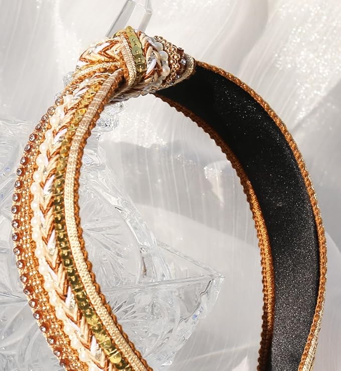 Women's Boho Knotted Sequin Pearls Headbands for Women Non Slip, Girls Top Knot Sparkly Wide Hair Accessories Christmas Gift (Boho Yellow Knot)
