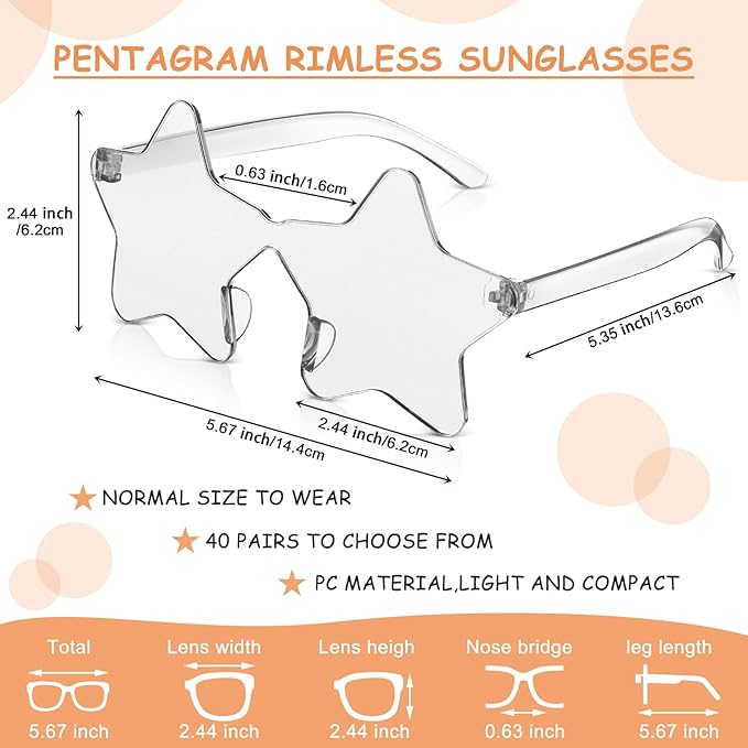 Cindeer 40 Pairs Rimless Star Shape Sunglasses Colorful Transparent Sunglasses Pentagram Glasses for Party