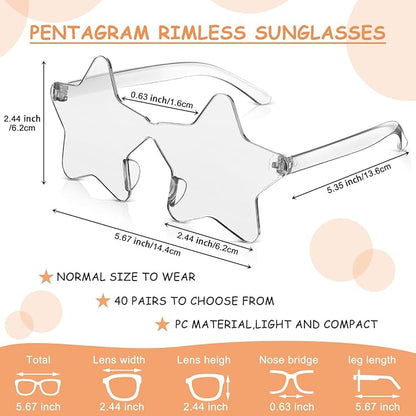 Cindeer 40 Pairs Rimless Star Shape Sunglasses Colorful Transparent Sunglasses Pentagram Glasses for Party