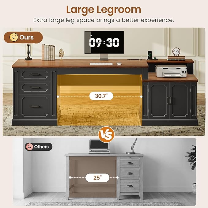 SEDETA Farmhouse 70.9" Executive Desk, Home Office Desk with File Drawers and Storage Cabinet, Computer Desk with Power Outlet for Home Office, Work Study Writing, Black