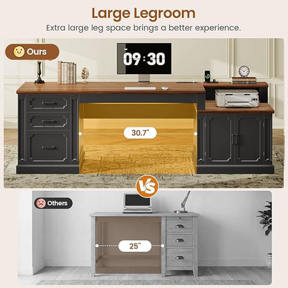 SEDETA Farmhouse 70.9" Executive Desk, Home Office Desk with File Drawers and Storage Cabinet, Computer Desk with Power Outlet for Home Office, Work Study Writing, Black