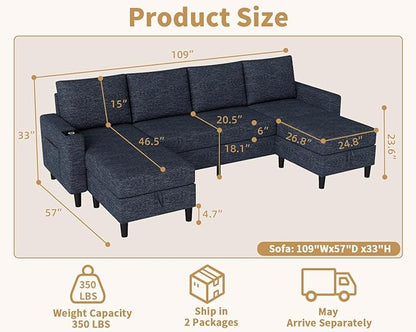 Smart Sectional Couches for Living Room, 4 Seat U/L Shaped Sectional Sofa with RGB Light/Charging, Modern Living Room Furniture for Apartments/Office/More (Blue)