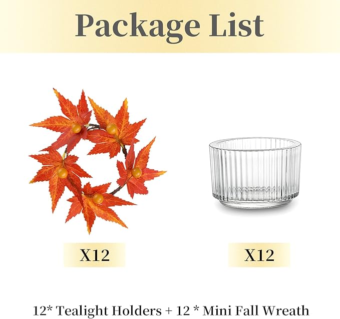 Hewory Fall Candle Holder Centerpiece: Thanksgiving Candle Holders Set of 12 with Maple Leaves Wreath & Berries, Glass Tealight Candle Holder Fall Centerpiece Table Decorations for Thanksgiving Table