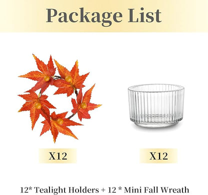 Hewory Fall Candle Holder Centerpiece: Thanksgiving Candle Holders Set of 12 with Maple Leaves Wreath & Berries, Glass Tealight Candle Holder Fall Centerpiece Table Decorations for Thanksgiving Table