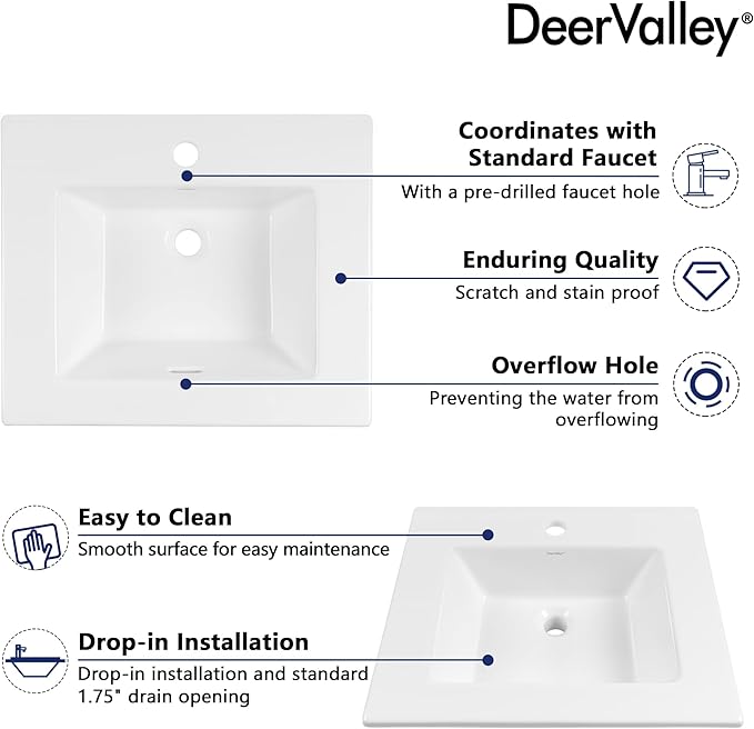 DeerValley 21"x18" Drop-In Bathroom Sink Ceramic Rectangle Vessel Sink with Overflow Vanity Bathroom Vessel Sink Bowl