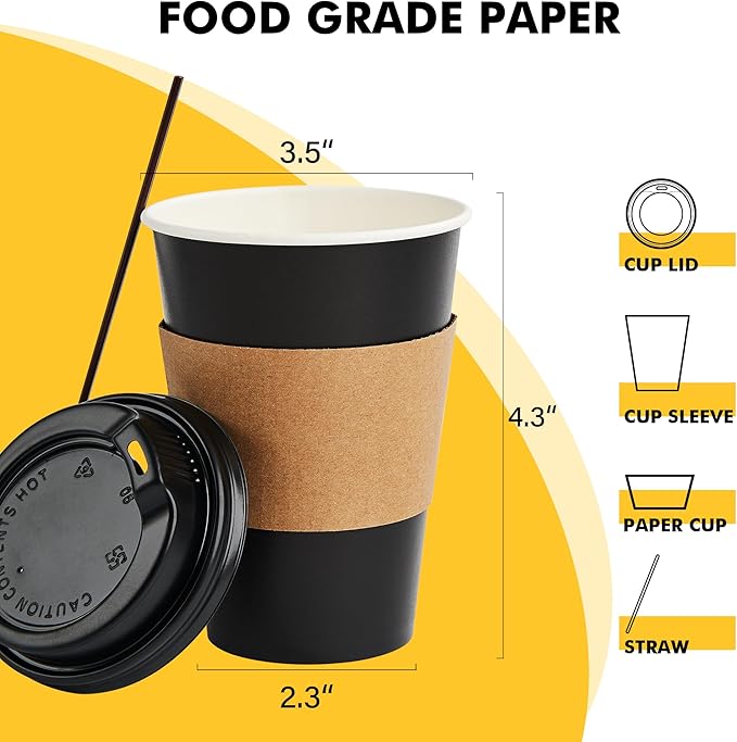 RACETOP 12 oz Paper Coffee Cups,100 Pack Black Disposable Coffee Cups with Lids, Sleeves and Stirring Sticks, 12 oz Hot Coffee Cup for Hot Drinks, Parties, Picnic, Travel, and Events
