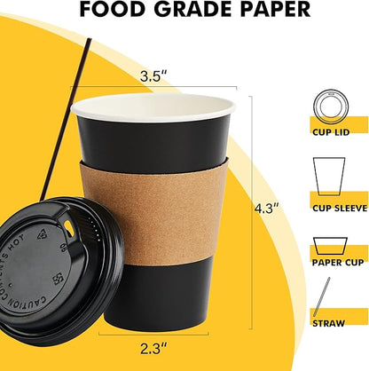 RACETOP 12 oz Paper Coffee Cups,100 Pack Black Disposable Coffee Cups with Lids, Sleeves and Stirring Sticks, 12 oz Hot Coffee Cup for Hot Drinks, Parties, Picnic, Travel, and Events