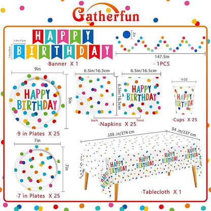 Happy Birthday Decorations: Happy Birthday Party Supplies Set with Birthday Dots Design- Includes Disposable Paper Birthday Plates and Napkins, Cups, Tablecloth, and Banner for decorations, Serves 25.