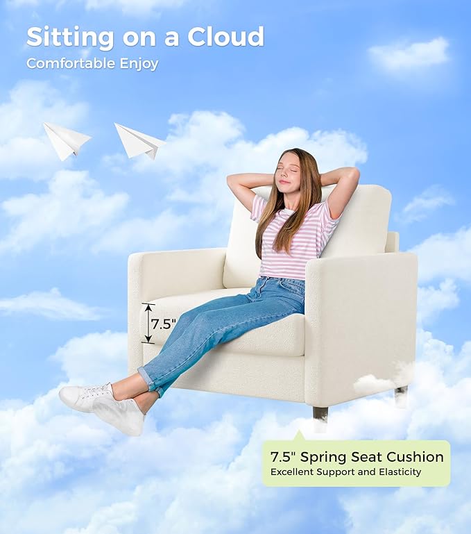 Sofa Accent Chair, 33" Reading Chair for Bedroom, Tool-Free Setup Living Room Accent Chairs, Comfy Arm Chairs Living Room, All-Wood Reading Nook, Cream White