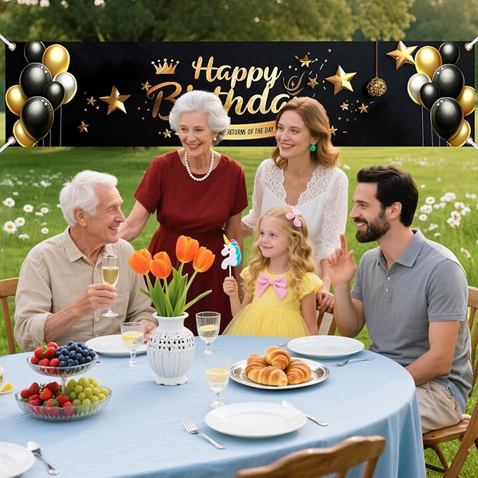 Nuxovilar Happy Birthday Banner Decorations 17.72x78.74 Inch Black Gold Crown Theme - Polyester for Indoor Outdoor Birthday Party Decor