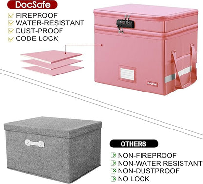 DocSafe File Box with Lock,Multi-Layer Fireproof Document Box Collapsible File Storage Organizer with Pockets/Handle,Large Portable Home Office Filing Safe for Hanging Letter/Legal Size Folders,Pink
