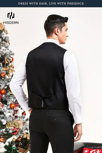 HISDERN Men's Suit Vest Christmas Holiday Season Party Jacquard Waistcoats Necktie Pocket Square Vest Suit Set