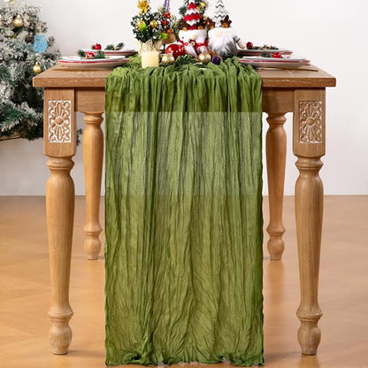 Olive Green Cheesecloth Table Runner Christmas Table Runner Boho Gauze 120 Inches Green Cheese Cloth Table Decora for Xmas Holiday Season Parties Wedding Bridal Baby Shower Tea Party