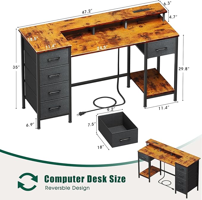 47 Inch Gaming Desk with Power Outlets and LED Lights, Reversible Computer Desk with 5 Fabric Storage Drawers, Home Office Desk with Monitor Stand for Working Writing Study, Rustic Brown